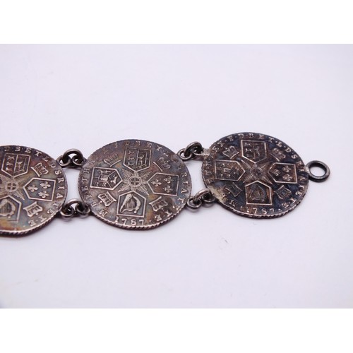 1 - GEORGIAN STERLING SILVER GEORGE III COIN BRACELET, MADE FROM SIX COINS DATED 1787 to 1789, WEIGHT 23... 