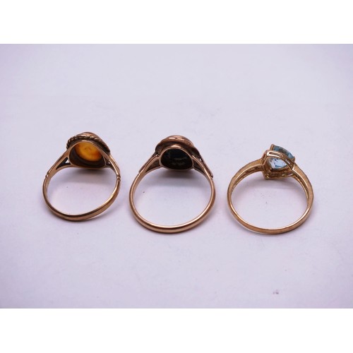 34 - 3 x 9CT GOLD RINGS - AMBER SIZE M, OPAL SIZE O AND AQUAMAIRNE SIZE O, TOTAL WEIGHT 6G