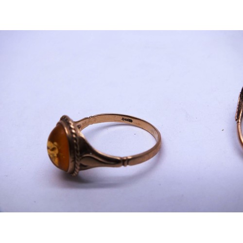 34 - 3 x 9CT GOLD RINGS - AMBER SIZE M, OPAL SIZE O AND AQUAMAIRNE SIZE O, TOTAL WEIGHT 6G