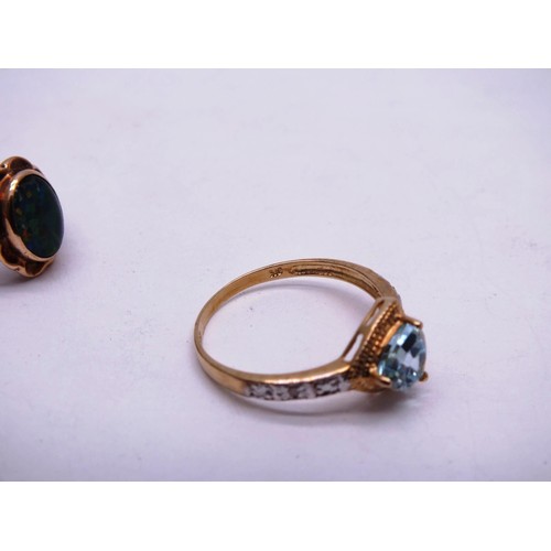 34 - 3 x 9CT GOLD RINGS - AMBER SIZE M, OPAL SIZE O AND AQUAMAIRNE SIZE O, TOTAL WEIGHT 6G