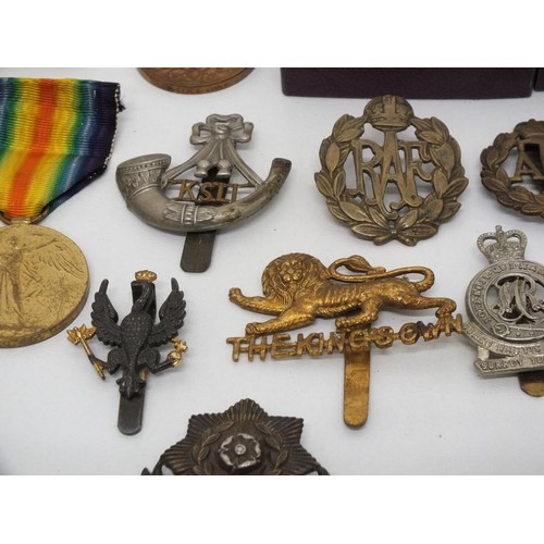 46 - COLLECTION OF ASSORTED MEDALS AND MILITARY CAP BADGES INCLUDES BOXED QUEENS GOLDEN JUBILEE MEDAL,  S... 