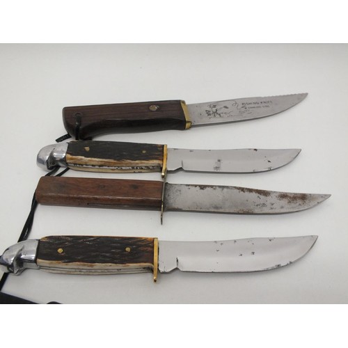 49 - FOUR BOWIE KNIVES WITH LEATHER SHEATHS INCLUDES HORN HANDLED & FISHING KNIFE