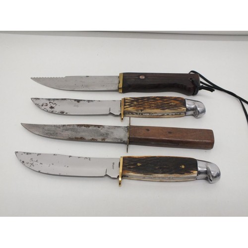 49 - FOUR BOWIE KNIVES WITH LEATHER SHEATHS INCLUDES HORN HANDLED & FISHING KNIFE