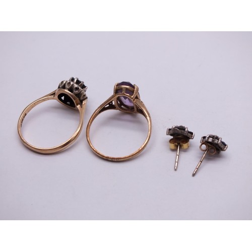 51 - TWO 9ct GOLD RINGS, AMETHYST SIZE O, SAPPHIRE AND DIAMOND CLUSTER RING SIZE R AND A PAIR OF SAPPHIRE... 