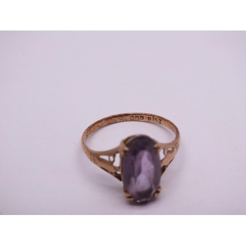 51 - TWO 9ct GOLD RINGS, AMETHYST SIZE O, SAPPHIRE AND DIAMOND CLUSTER RING SIZE R AND A PAIR OF SAPPHIRE... 