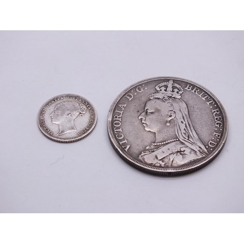 77 - 1889 VICTORIA SILVER CROWN AND 1874 SILVER 6D