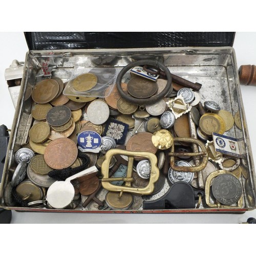 79 - OLD TIN OF MISCELLANEOUS ITEMS, CORKSCREW, WHISTLES, COINS ETC