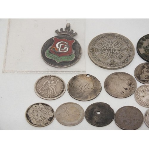 82 - SILVER MEDAL AND VARIOUS SILVER COINS