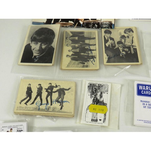 113 - BEATLES ABC CARDS TOGETHER WITH BEATLES WARUS CARD SETS AND POP RELATED POSTCARDS