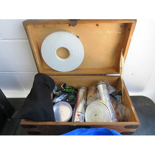 309 - WOODEN CHEST FULL OF WOODWORK EQUIPMENT PLUS A BAG OF TAPE AND SANDPAPER