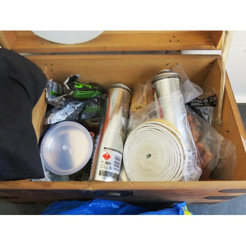 309 - WOODEN CHEST FULL OF WOODWORK EQUIPMENT PLUS A BAG OF TAPE AND SANDPAPER