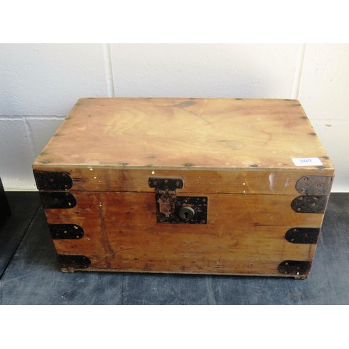 309 - WOODEN CHEST FULL OF WOODWORK EQUIPMENT PLUS A BAG OF TAPE AND SANDPAPER