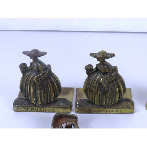 165 - DRUSELLA BOOKENDS, HAND BELL, IRON/KETTLE STAND AND EXTENDING TOASTING FORK