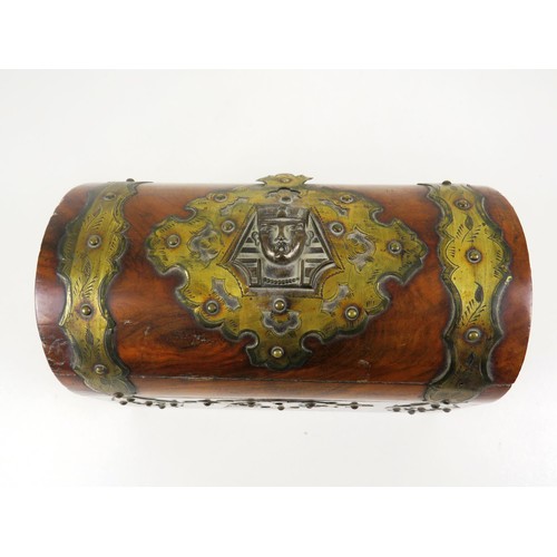 55 - DOMED TOP BURR WALNUT CADDY/KEEPSAKE WITH BRASS DECORATION AND EGYPTIAN PHARAOH HEAD,  HEIGHT 14cm x... 