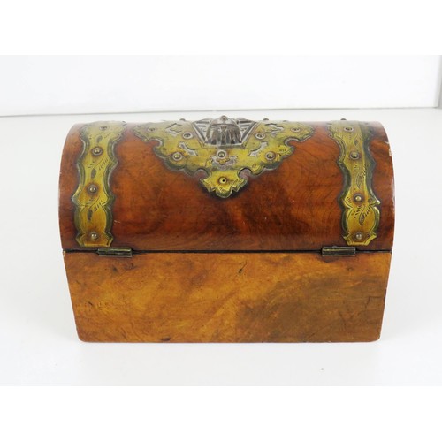 55 - DOMED TOP BURR WALNUT CADDY/KEEPSAKE WITH BRASS DECORATION AND EGYPTIAN PHARAOH HEAD,  HEIGHT 14cm x... 