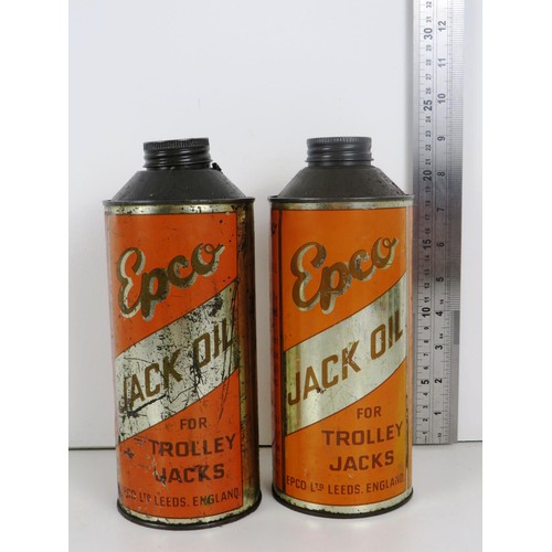 57 - TWO ORIGINAL AUTOMOBILIA EPCO ONE QUART TROLLEY JACK OIL CANS - GOOD CONDITION