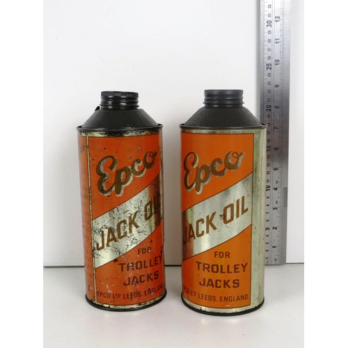 57 - TWO ORIGINAL AUTOMOBILIA EPCO ONE QUART TROLLEY JACK OIL CANS - GOOD CONDITION