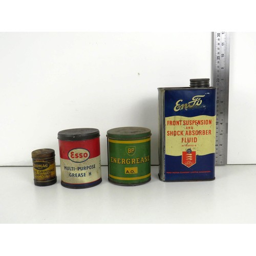 58 - 4 x ORIGINAL AUTOMOBILIA CANS, ENFO SHOCK ABSORBER FLUID, ESSO GREASE, BP GREASE & ROMAC GRINDING CO... 