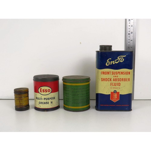 58 - 4 x ORIGINAL AUTOMOBILIA CANS, ENFO SHOCK ABSORBER FLUID, ESSO GREASE, BP GREASE & ROMAC GRINDING CO... 