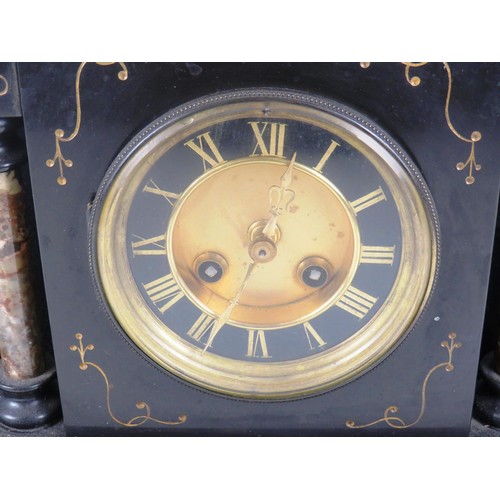 76 - VICTORIAN INLAID BLACK MARBLE/SLATE PALLADIUM FORM MANTLE CLOCK C1860 HEIGHT 30cm X LENGHT 38cm X WI... 