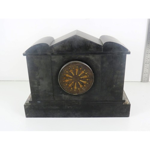 76 - VICTORIAN INLAID BLACK MARBLE/SLATE PALLADIUM FORM MANTLE CLOCK C1860 HEIGHT 30cm X LENGHT 38cm X WI... 