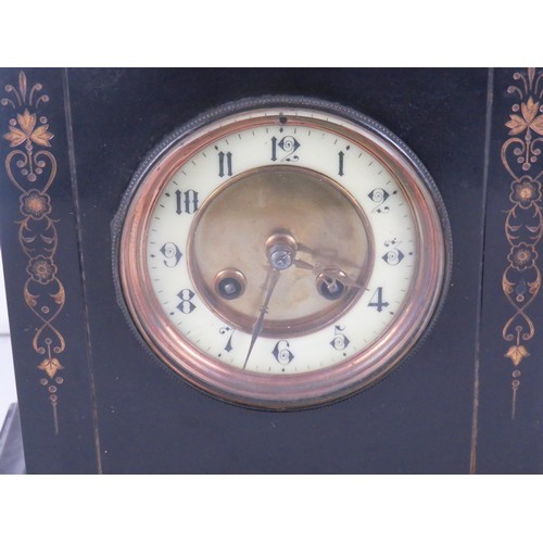 181 - VICTORIAN INLAID BLACK MARBLE/SLATE MANTLE CLOCK HEIGHT 34cm x LENGTH 25cm x WIDTH 15cm