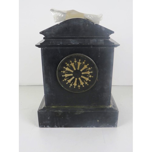 181 - VICTORIAN INLAID BLACK MARBLE/SLATE MANTLE CLOCK HEIGHT 34cm x LENGTH 25cm x WIDTH 15cm