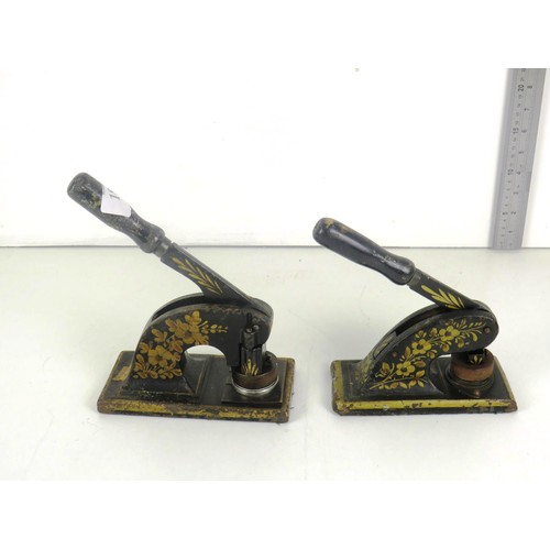 187 - TWO VICTORIAN BLACK GILT CAST IRON STAMP PRESS- CROWTHER LTD AND JAMES BEAMONT AND SONS