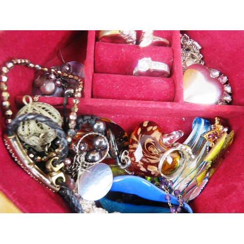 222 - A 'MELE' JEWELLERY BOX FULL OF JEWELLERY AND FIVE COSTUME RINGS