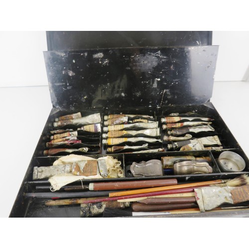 235 - GEORGE ROWNEY LONDON BLACK METAL ARTISTS BOX WITH PALLETTE  PAINTS AND BRUSHES