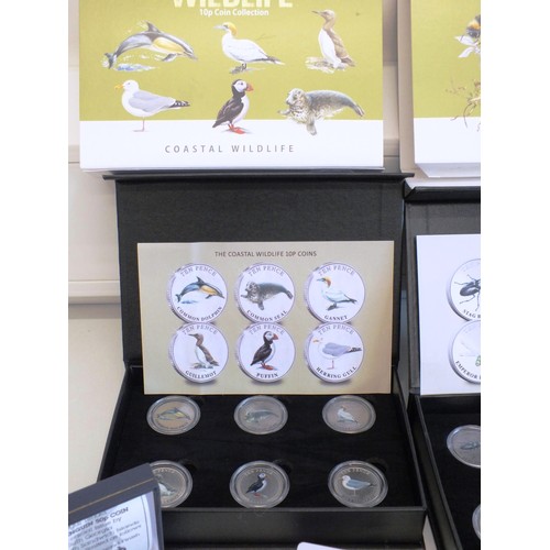 149 - 3 x BOXED WILDLIFE 10p COINS (18 COINS) AND 5 x COLOUR PENGUIN 50p COINS