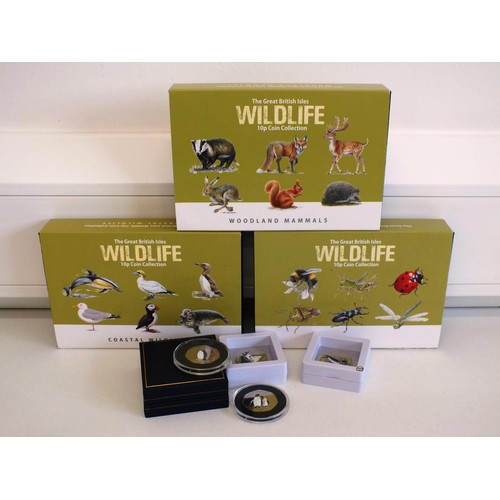 149 - 3 x BOXED WILDLIFE 10p COINS (18 COINS) AND 5 x COLOUR PENGUIN 50p COINS