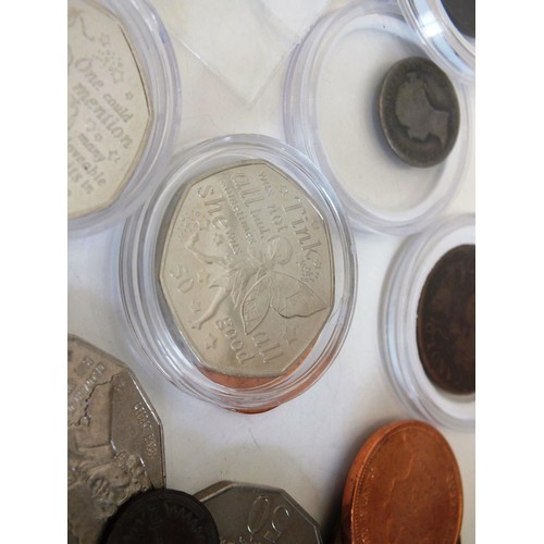 150 - 8 x MIXED £2 COINS, £20 COIN, £5 COIN AND BOX OF MIXED COINAGE INCLUDING ROMAN