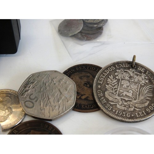 150 - 8 x MIXED £2 COINS, £20 COIN, £5 COIN AND BOX OF MIXED COINAGE INCLUDING ROMAN