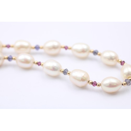 437 - 9ct Gold Cultured Pearl, Garnet And Iolite Beaded Single Strand Necklace (23.4g)