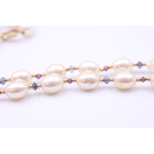 437 - 9ct Gold Cultured Pearl, Garnet And Iolite Beaded Single Strand Necklace (23.4g)