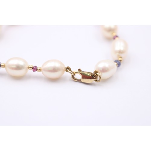 437 - 9ct Gold Cultured Pearl, Garnet And Iolite Beaded Single Strand Necklace (23.4g)