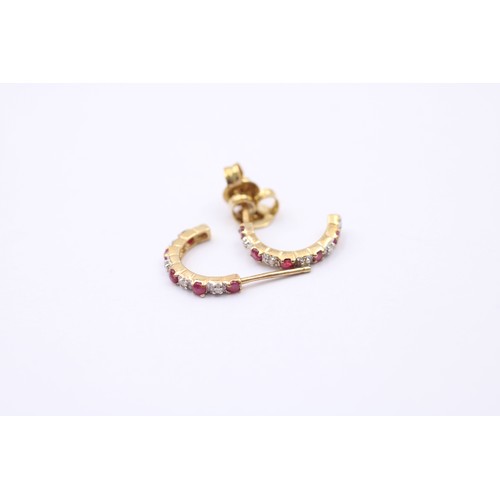 449 - 9ct Gold Yellow And White Gold Diamond And Ruby Paved Half Hoop Stud Earrings (1.1g)