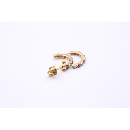 449 - 9ct Gold Yellow And White Gold Diamond And Ruby Paved Half Hoop Stud Earrings (1.1g)