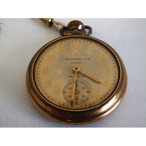 279 - INGERSOLL TRIUMPH POCKET WATCH IN WORKING ORDER  WITH ALBERT  CHAIN