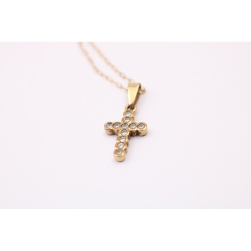 477 - 9ct Gold Diamond Pave Cross Pendant Necklace (1.4g)