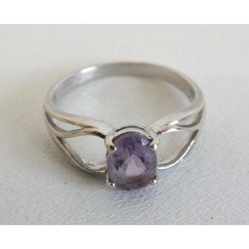 283 - TWO 9CT WHITE GOLD RINGS- AMETHYST CLASSIC SINGLE STONE SIZE 0, 2.3g AND MULTI COLOUR CZ SIZE Q, 4g