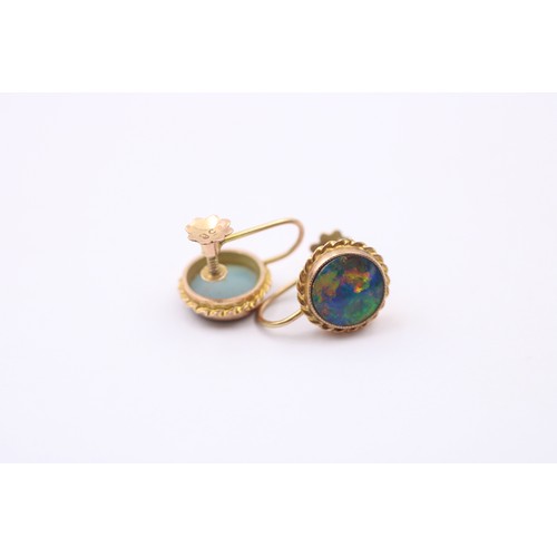 481 - 9ct Gold Opal Round Flat Top Cabochon Frame Bezel Screw On Earrings (2.3g)