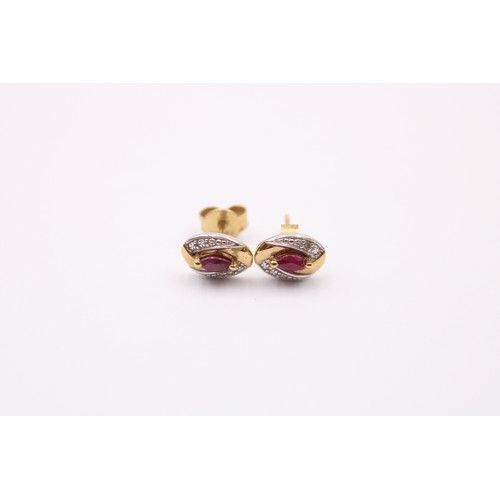 497 - 3 X 9ct Gold Paired Gemstone Stud Earrings Inc. Emerald, Sapphire, Ruby & Diamond