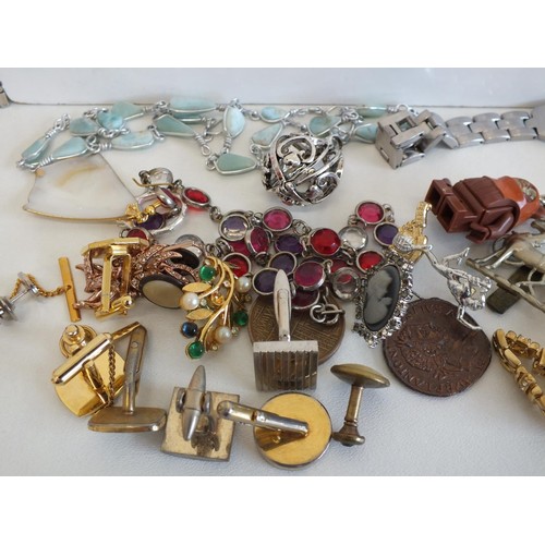 249 - BOX OF ASSORTED JEWELLERY, COINS, TRINKETS INCLUDES CUFFLINKS, EARRINGS, BRACELETS ETC