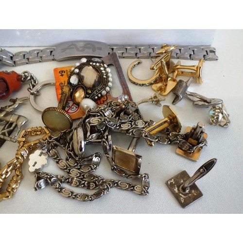 249 - BOX OF ASSORTED JEWELLERY, COINS, TRINKETS INCLUDES CUFFLINKS, EARRINGS, BRACELETS ETC