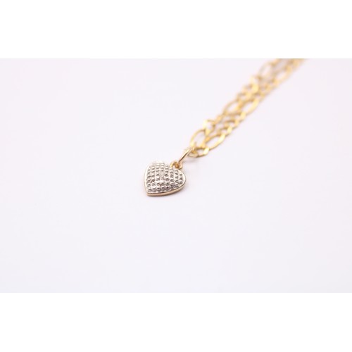 505 - 9ct White And Yellow Gold Diamond Heart Drop Charm Figaro Chain Bracelet (1.8g)