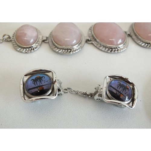 253 - 10 ITEMS OF COSTUME JEWELLERY INCLUDES BUTTERFLY WING CLIP ON EARRINGS, BUCKLEY BANGLE, ROSE QUARTZ ... 