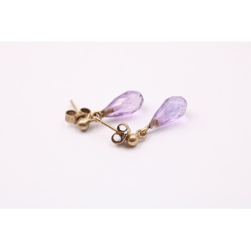 521 - 9ct Gold Amethyst Teardrops Drop Stud Earrings (1.5g)