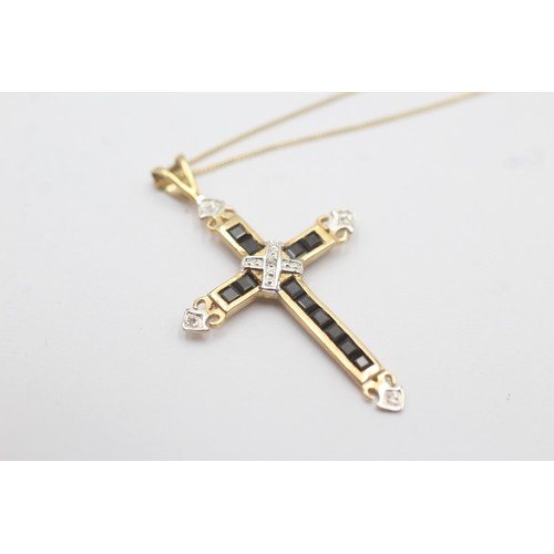 561 - 9ct Gold Diamond And Sapphire Cross Pendant On Chain (1.4g)